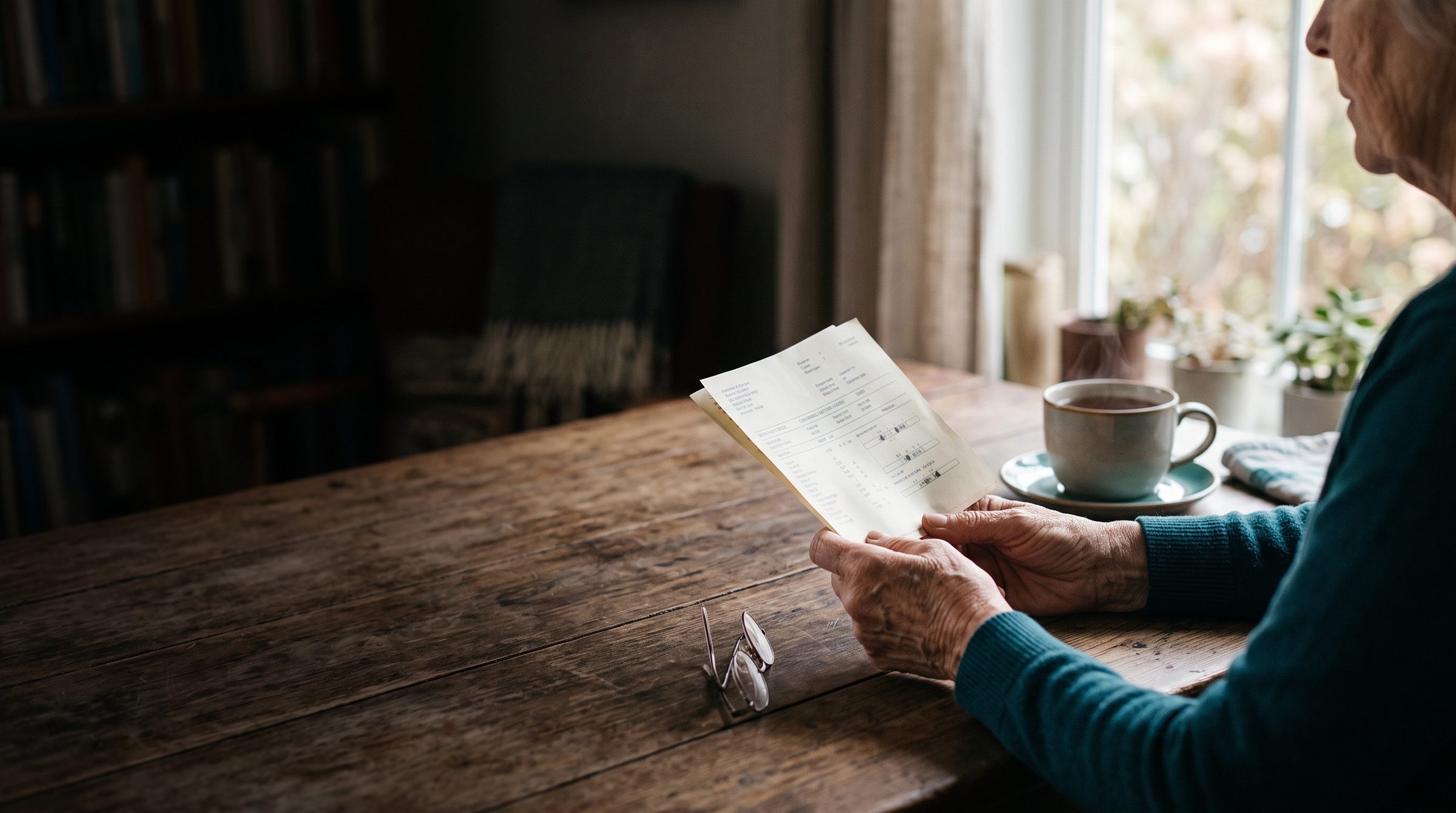 Hands holding a medical lab report at a kitchen table
