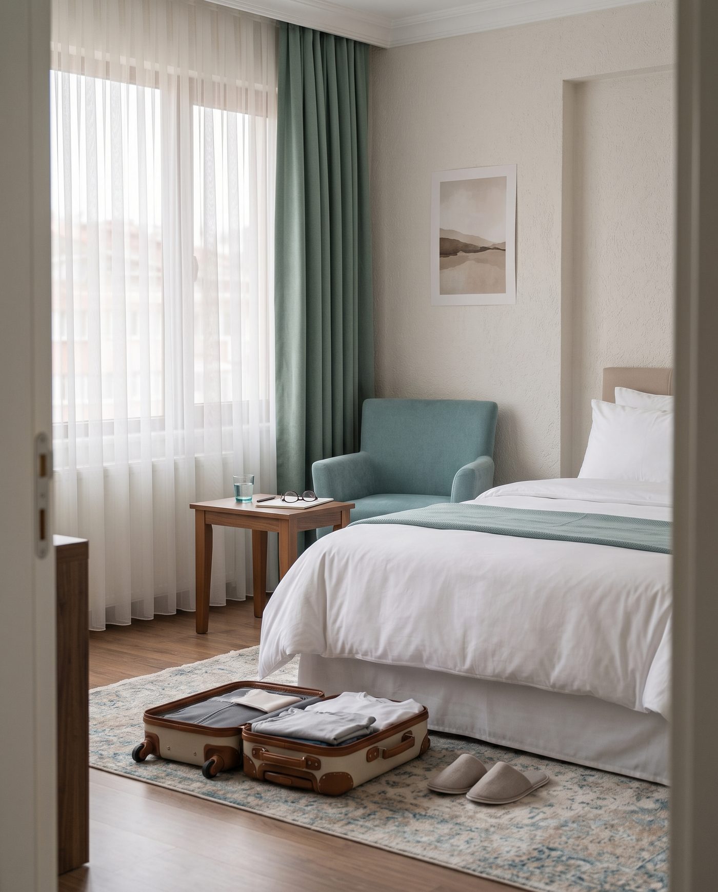A bright apartment room prepared for a patient and a family member