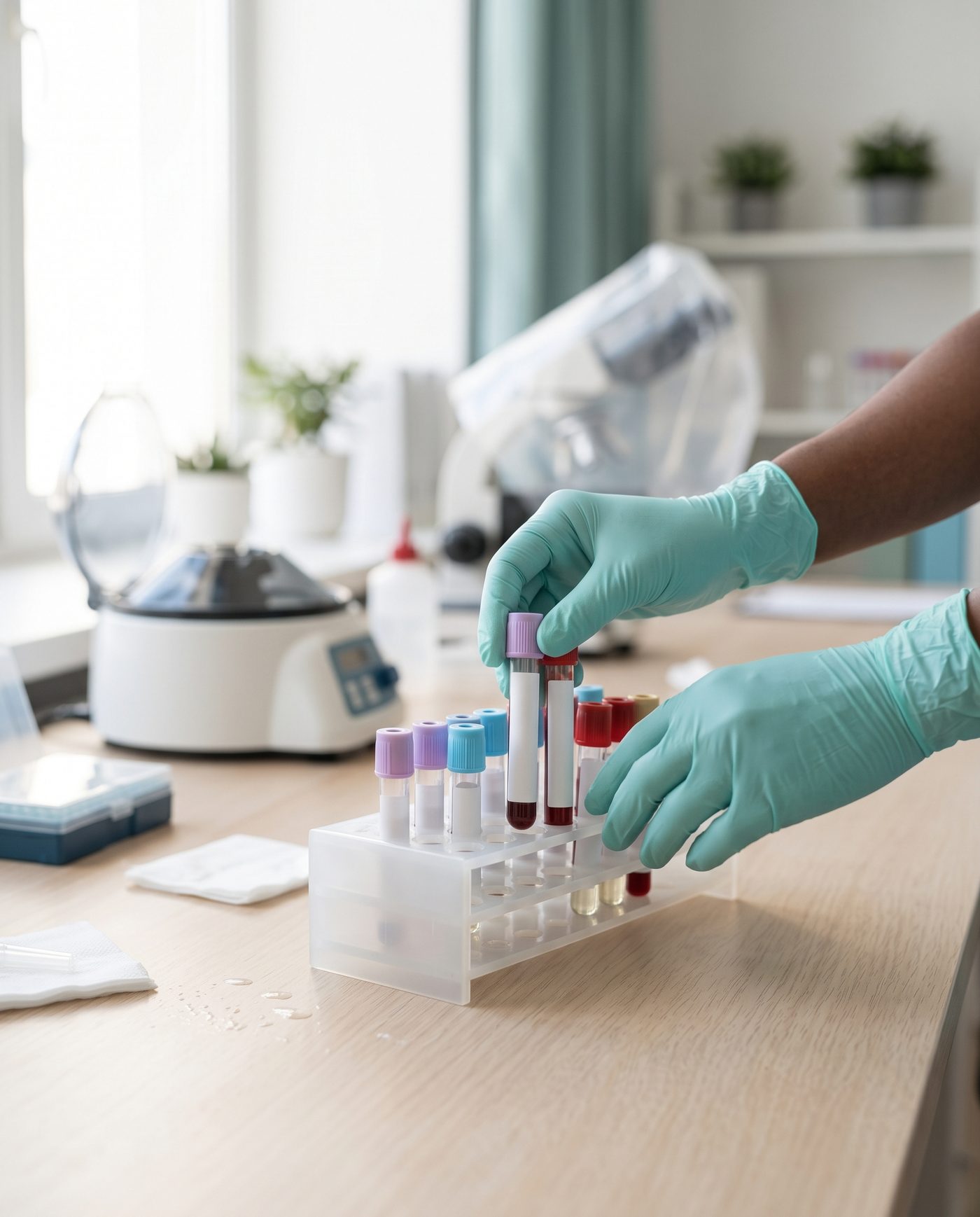 Blood sample tubes being placed in a rack in a clinic laboratory